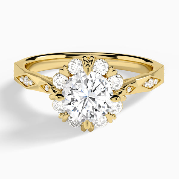 Round Adorned Faceted Lab Diamond Engagement Ring In 14K Yellow Gold - Lucenjuri