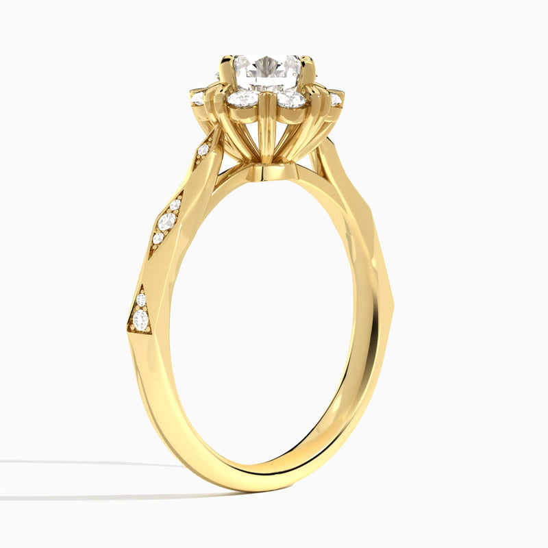 Round Adorned Faceted Lab Diamond Engagement Ring In 14K Yellow Gold, Angle View