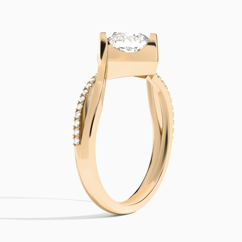 Round Twirled Embrace Lab Diamond Engagement Ring In 14K Rose Gold, Angle View