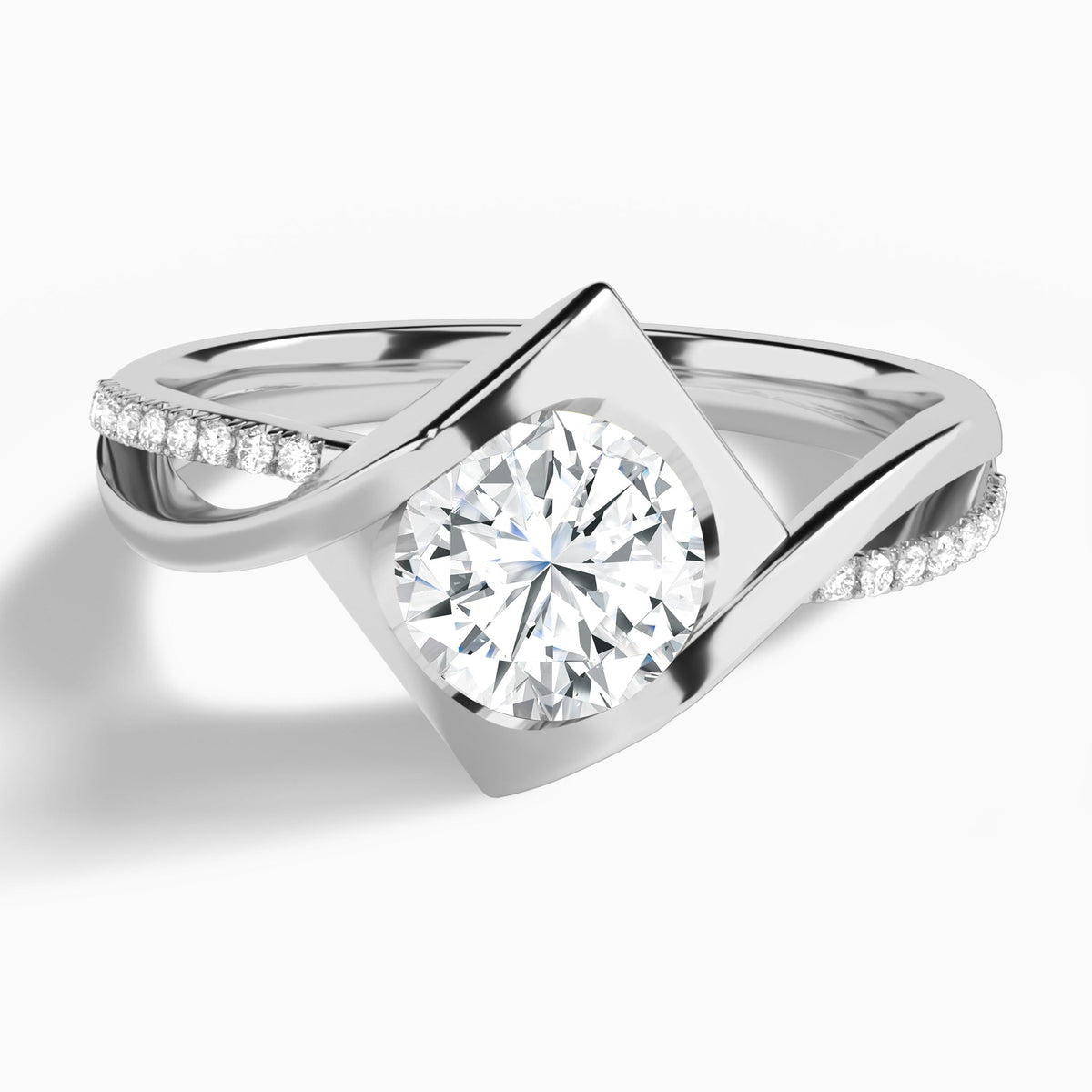 Round Twirled Embrace Lab Diamond Engagement Ring In 18K White Gold - Lucenjuri
