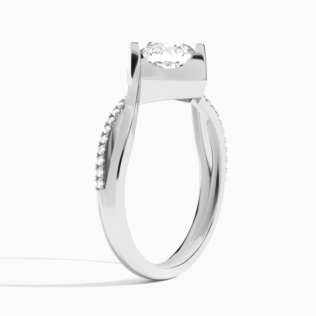 Round Twirled Embrace Lab Diamond Engagement Ring In 18K White Gold, Angle View