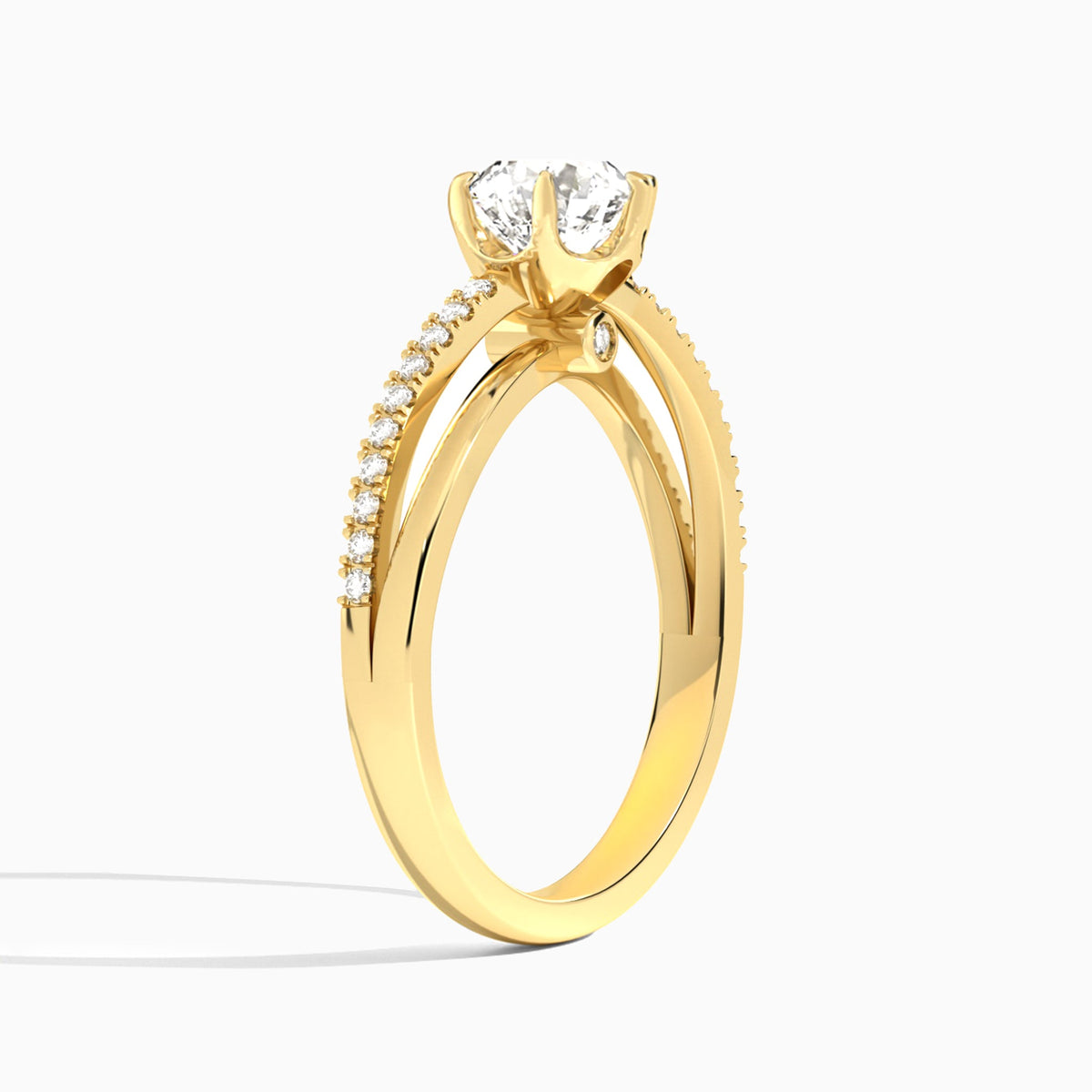 Round Accents Lab Grown Diamond Engagement Ring In 18K Yellow Gold, Angle View