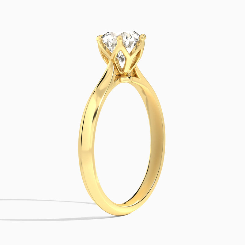 Round Six-Prong Petal Lab Diamond Engagement Ring In 18K Yellow Gold, Angle View