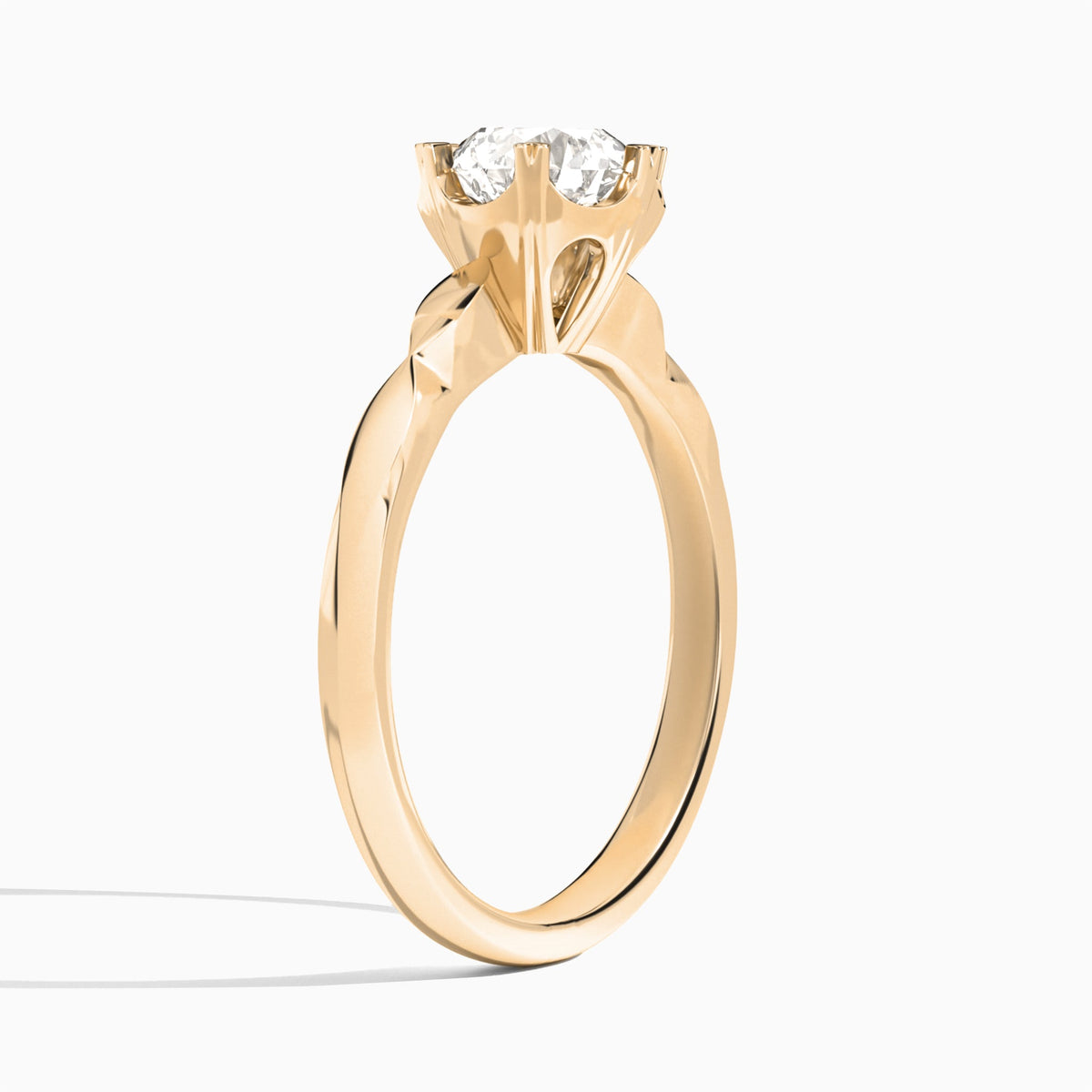 Round Faceted Six-Prong Lab Diamond Engagement Ring In 14K Rose Gold, Angle View