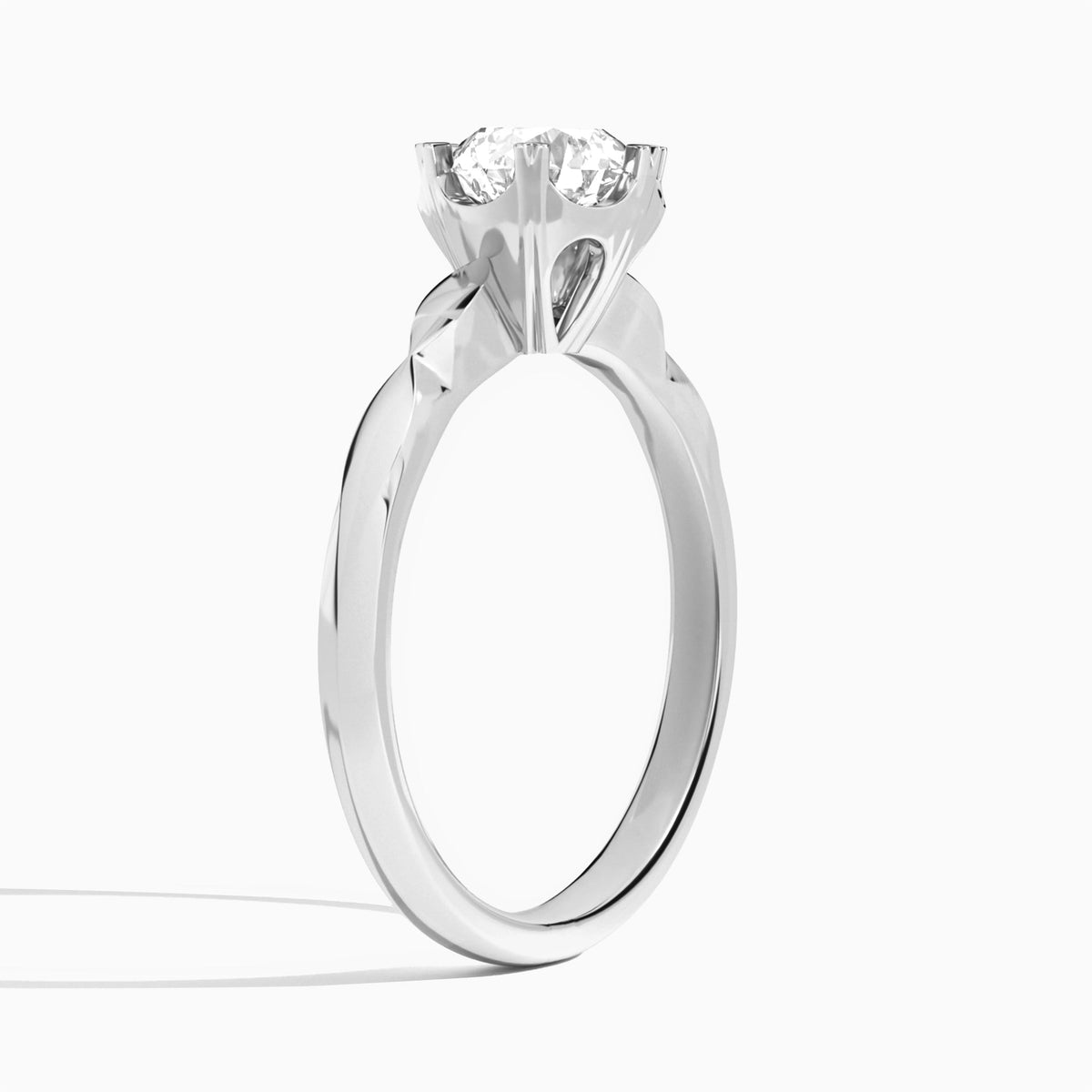 Round Faceted Six-Prong Lab Diamond Engagement Ring In 18K White Gold, Angle View