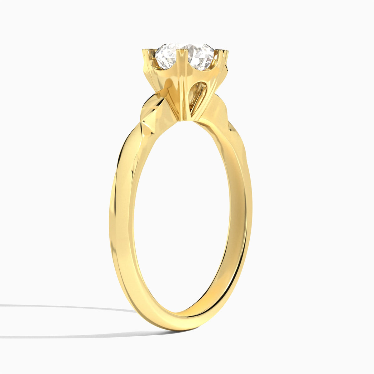 Round Faceted Six-Prong Lab Diamond Engagement Ring In 18K Yellow Gold, Angle View