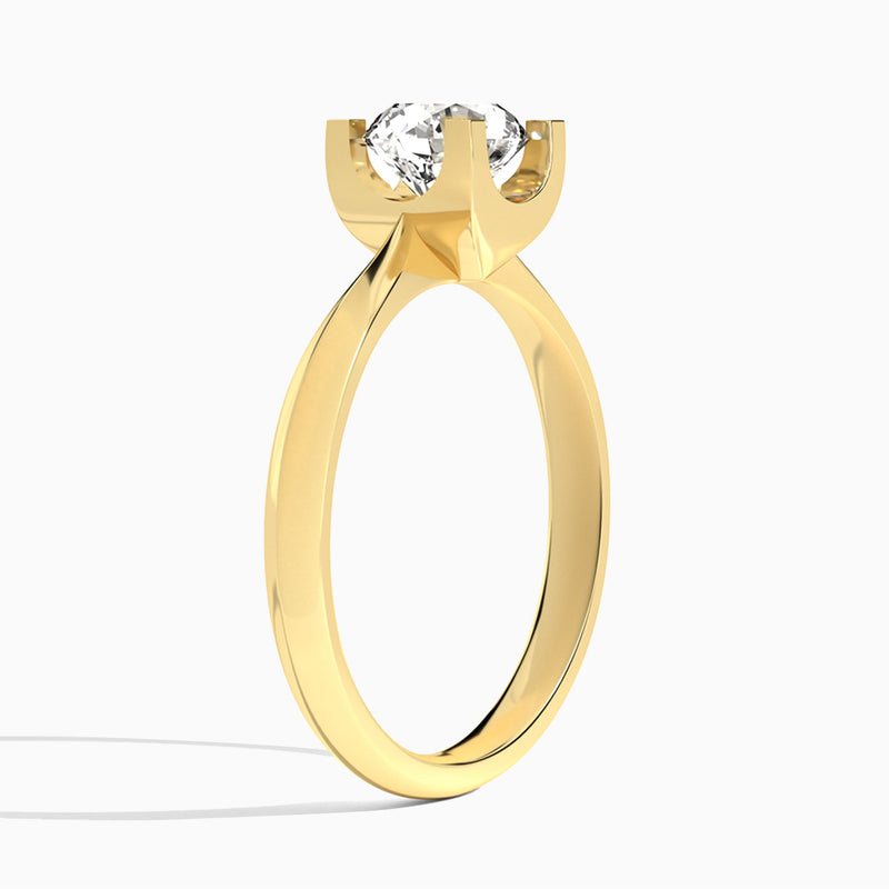 Round Four-Prong Knife Edge Lab Diamond Engagement Ring In 18K Yellow Gold, Angle View
