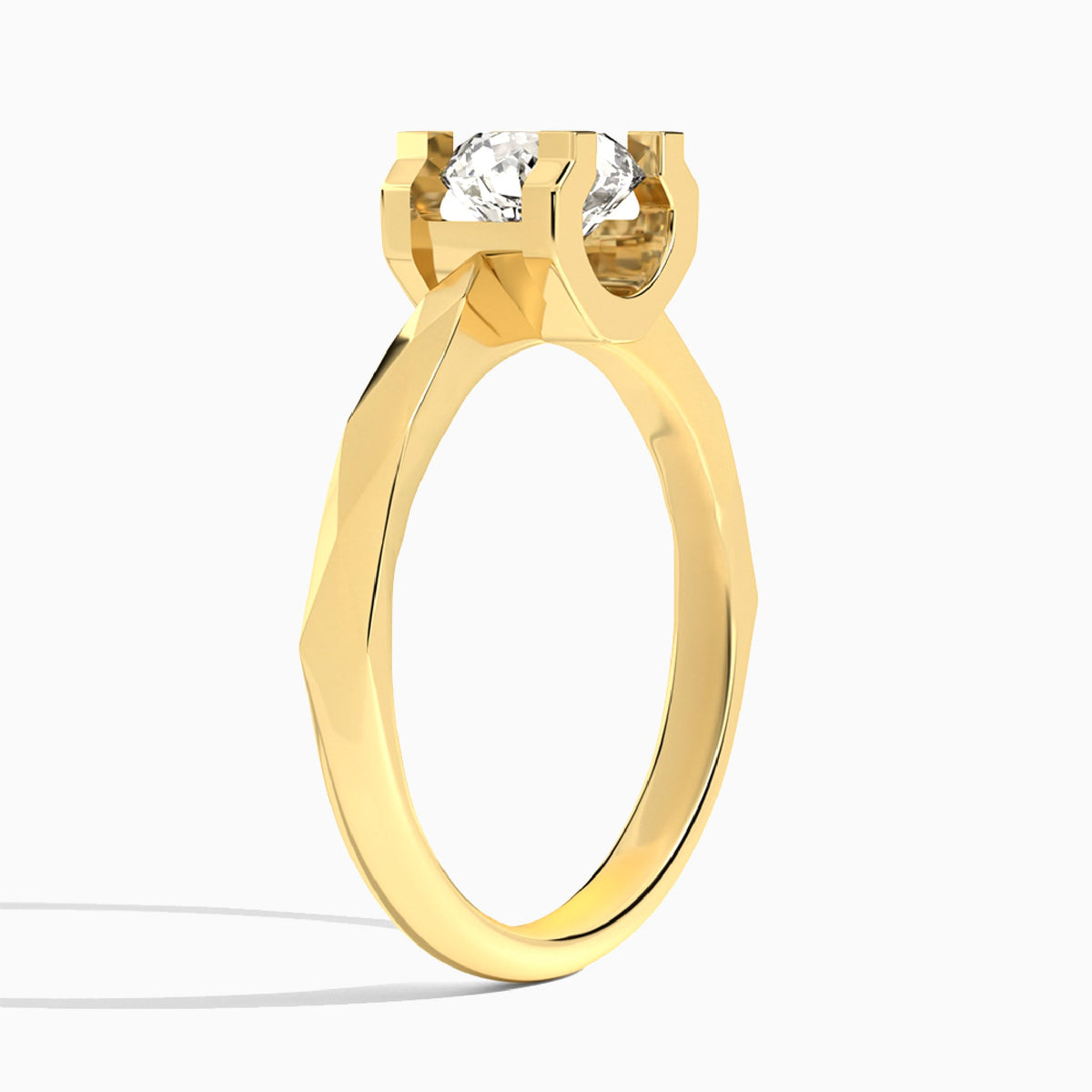 Round Faceted Lab Grown Diamond Engagement Ring In 18K Yellow Gold, Angle View