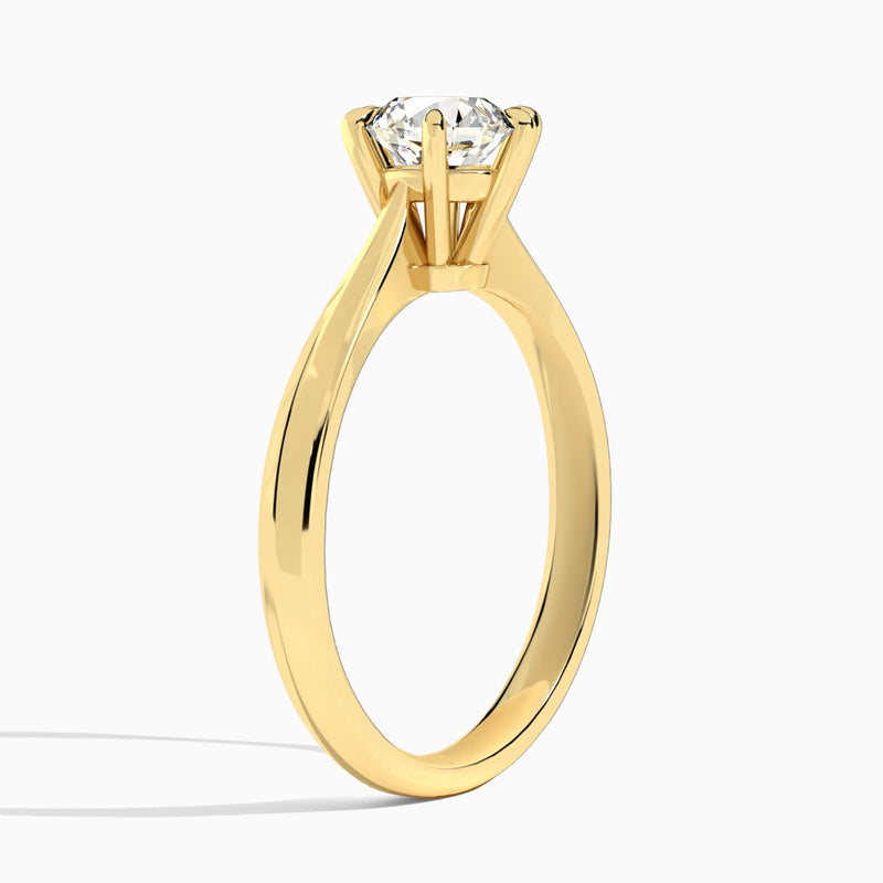 Round Knife Edge Six-Prong Lab Diamond Engagement Ring In 18K Yellow Gold, Angle View