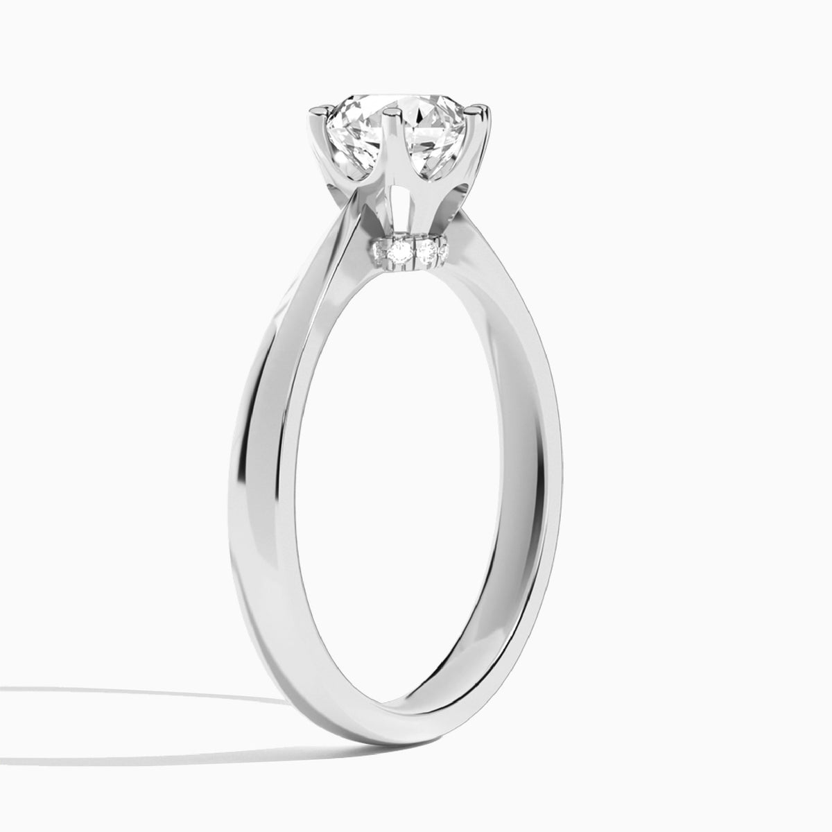 Round Mystique Halo Six-Prong Lab Diamond Engagement Ring In 18K White Gold, Angle View