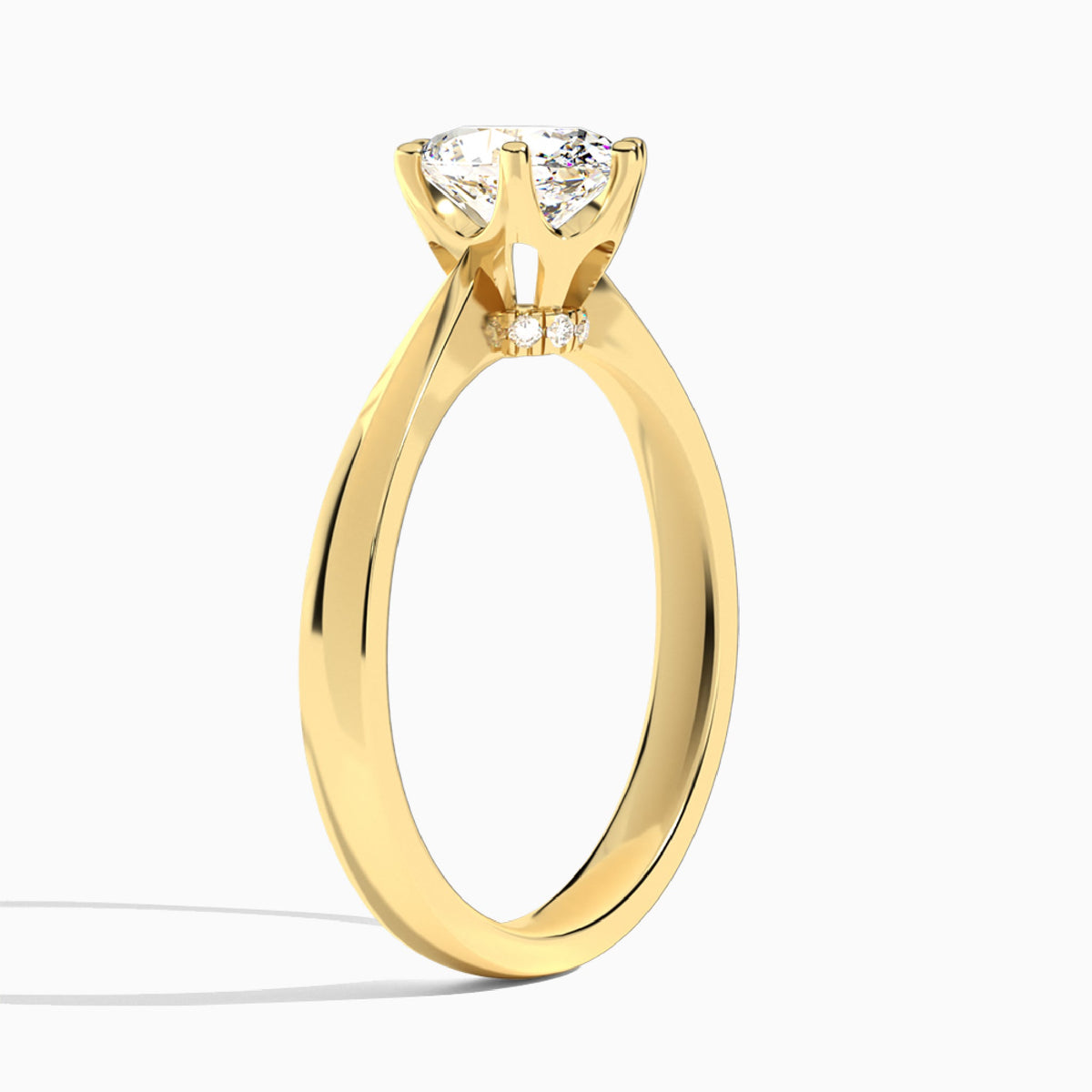 Oval Mystique Halo Six-Prong Lab Diamond Engagement Ring In 18K Yellow Gold, Angle View