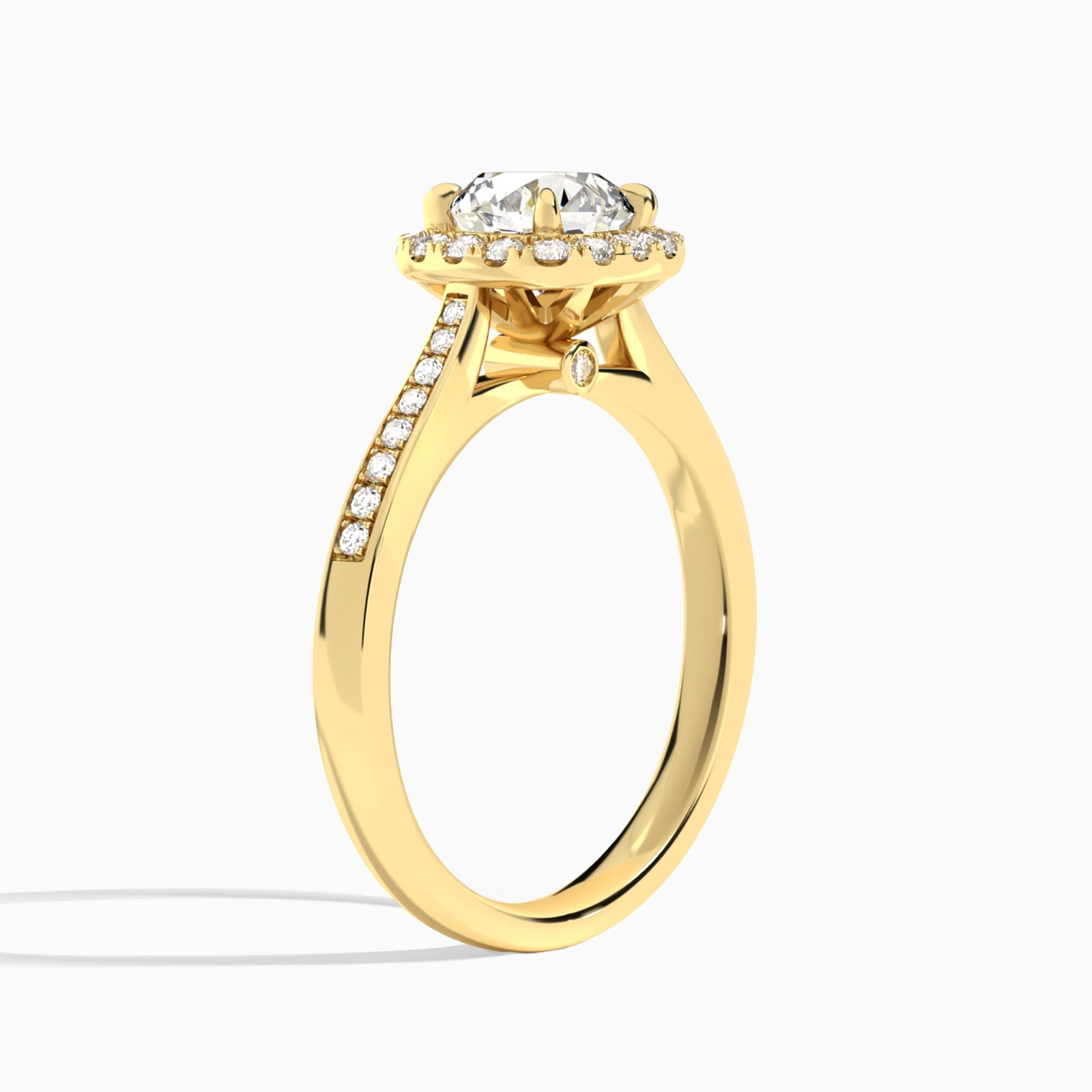 Round Luxe Halo Luna Lab Diamond Engagement Ring In 18K Yellow Gold, Angle View