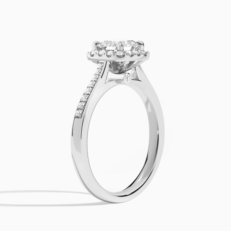 Asscher Luxe Halo Luna Lab Diamond Engagement Ring In 18K White Gold, Angle View