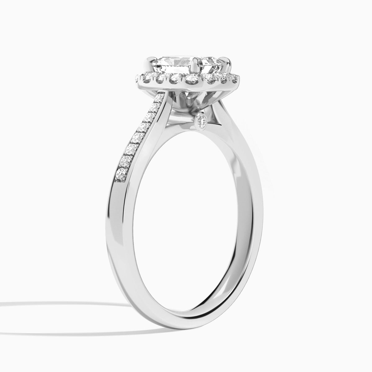 Radiant Luxe Halo Luna Lab Diamond Engagement Ring In 18K White Gold, Angle View