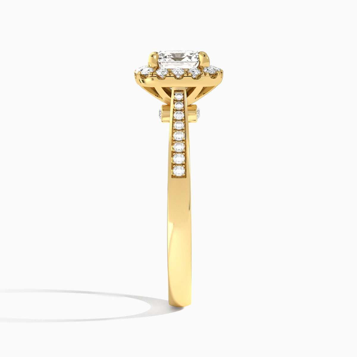 Cushion Luxe Halo Luna Lab Diamond Engagement Ring In 14K Yellow Gold, Side View