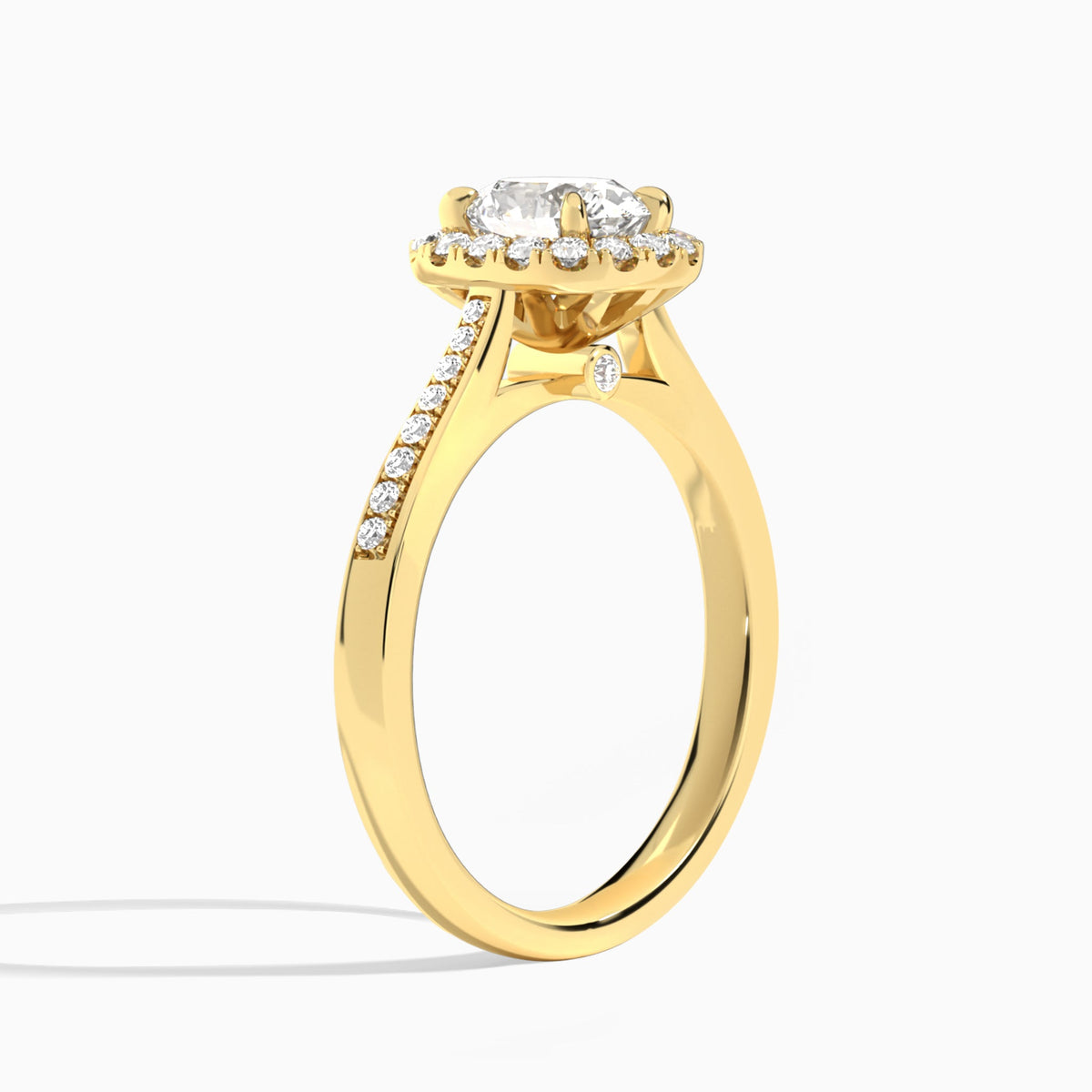 Oval Luxe Halo Luna Lab Diamond Engagement Ring In 18K Yellow Gold, Angle View
