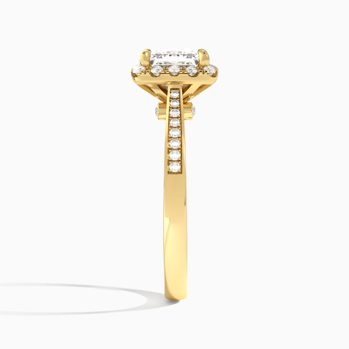 Princess Luxe Halo Luna Lab Diamond Engagement Ring In 18K Yellow Gold, Side View