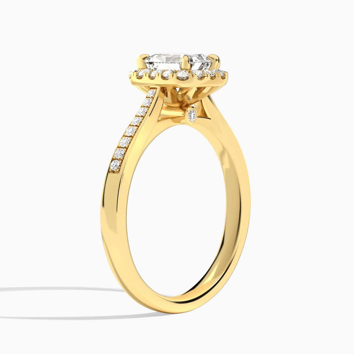 Radiant Luxe Halo Luna Lab Diamond Engagement Ring In 18K Yellow Gold, Angle View