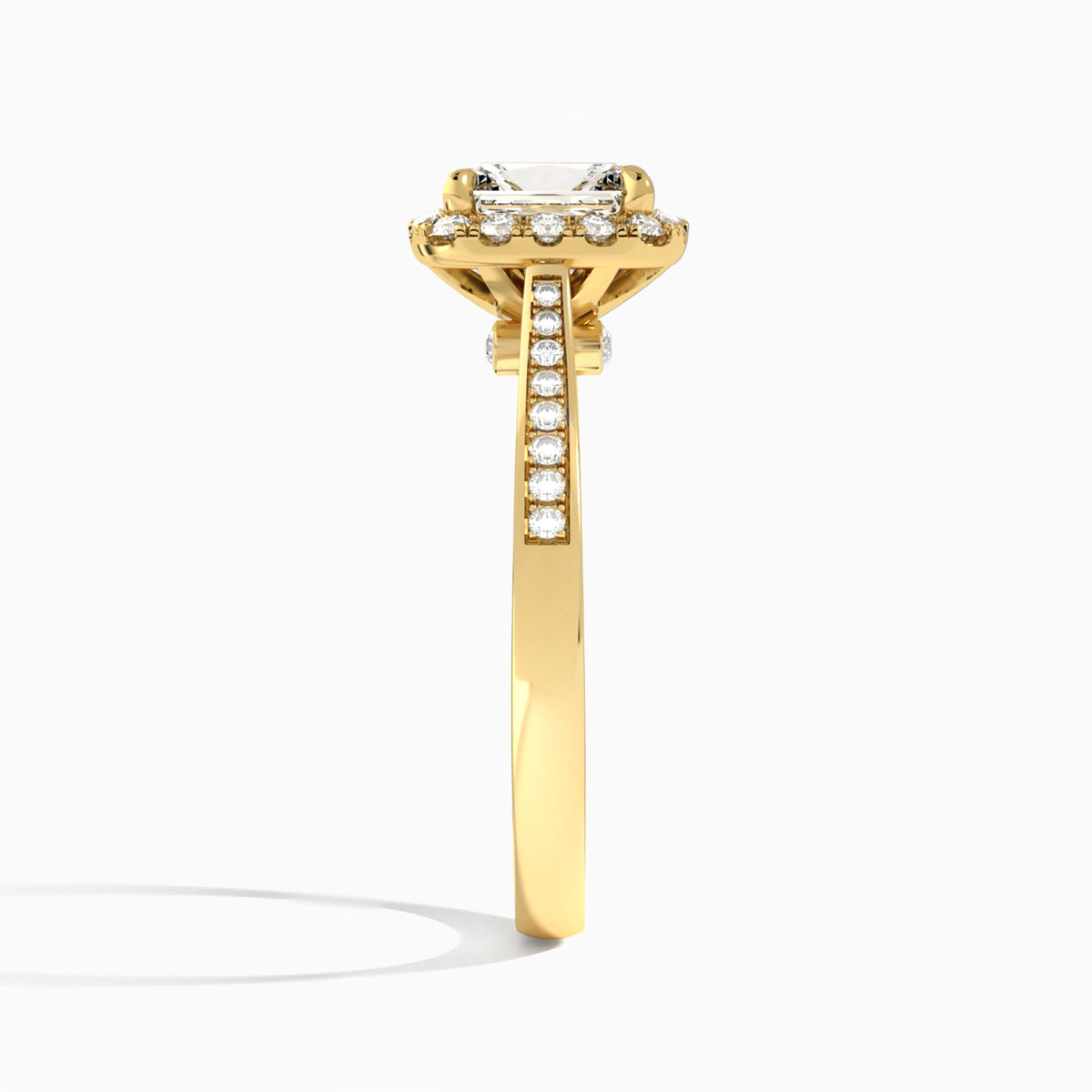 Radiant Luxe Halo Luna Lab Diamond Engagement Ring In 14K Yellow Gold, Side View