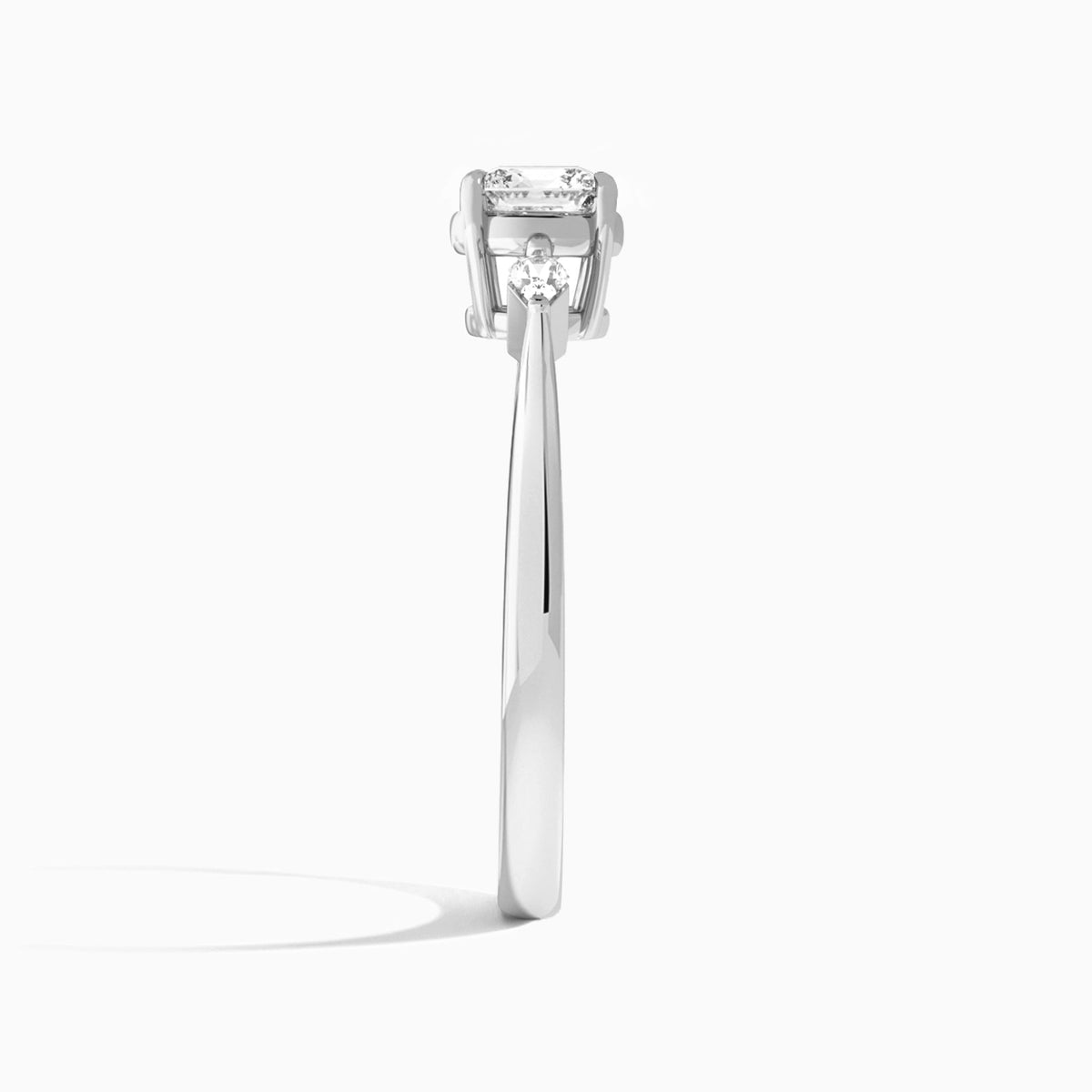 Cushion Petite Ciana Three Stone Lab Diamond Engagement Ring In Platinum, Side View