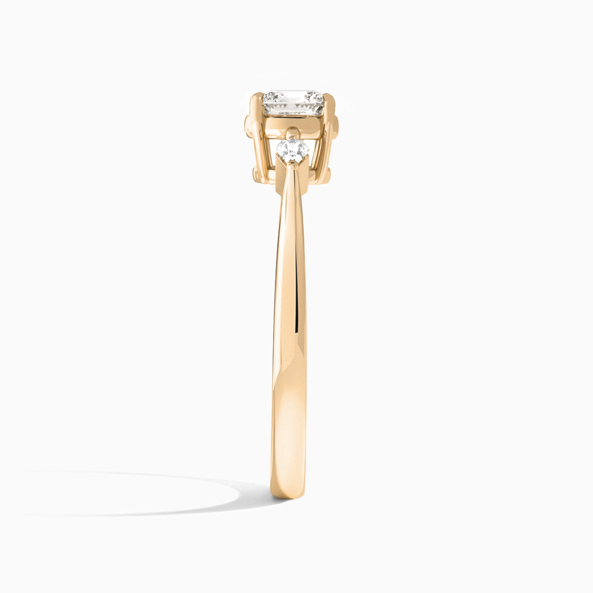 Cushion Three Stone Lab Diamond Engagement Ring In 14K Rose Gold, Side View