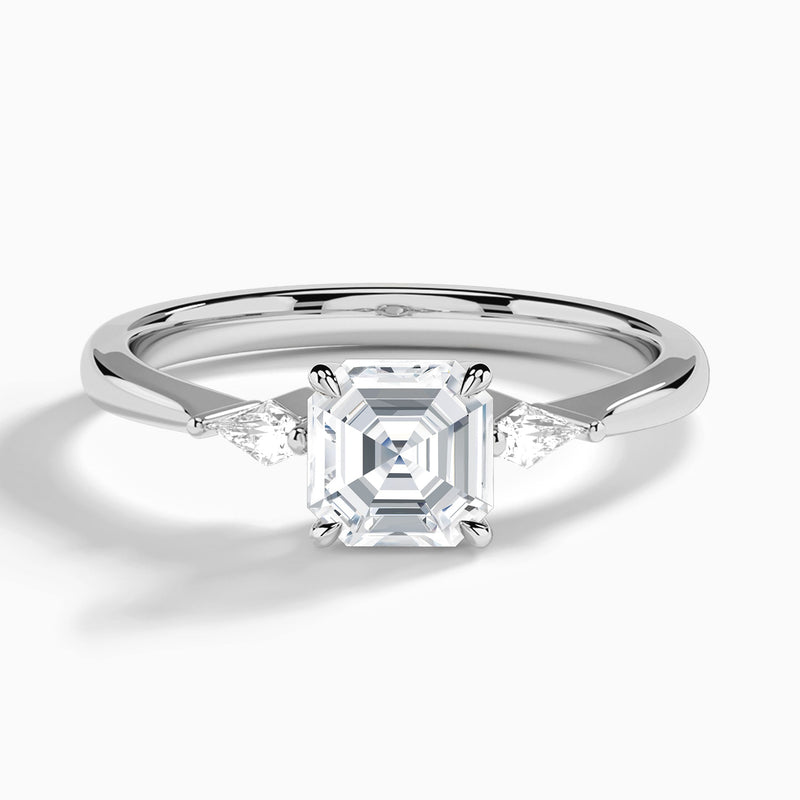 Asscher Three Stone Lab Diamond Engagement Ring In 18K White Gold - Lucenjuri