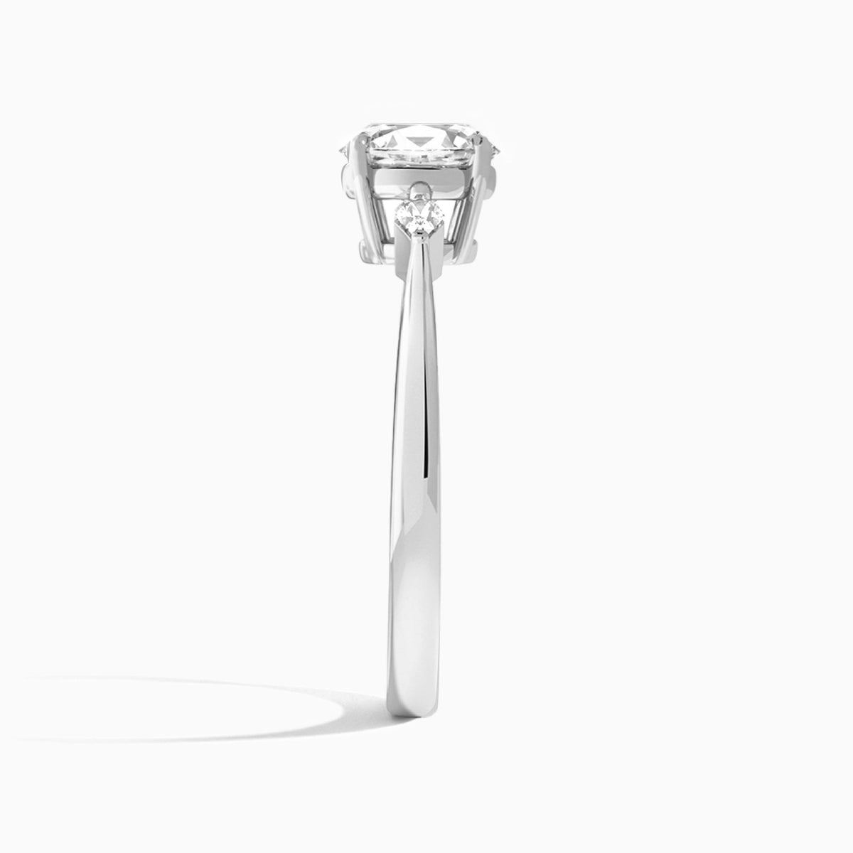 Oval Three Stone Lab Diamond Engagement Ring In 18K White Gold, Side View