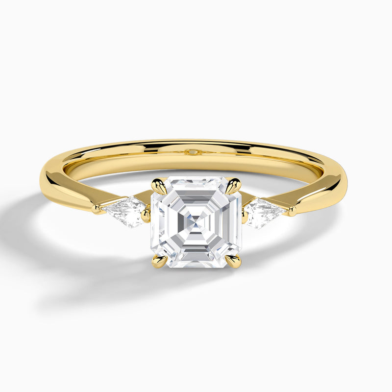 Asscher Three Stone Lab Diamond Engagement Ring In 18K Yellow Gold - Lucenjuri