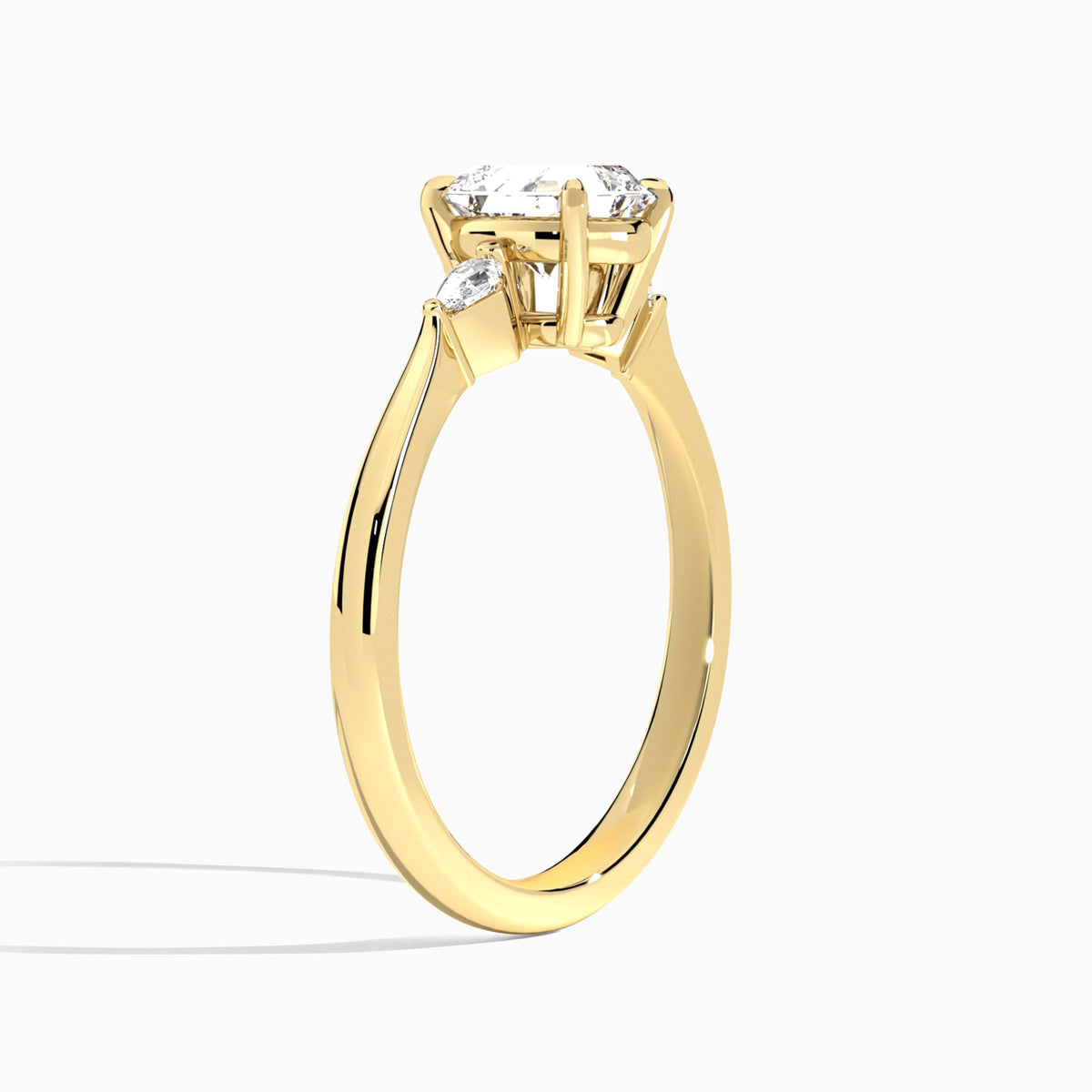Asscher Three Stone Lab Diamond Engagement Ring In 14K Yellow Gold, Angle View