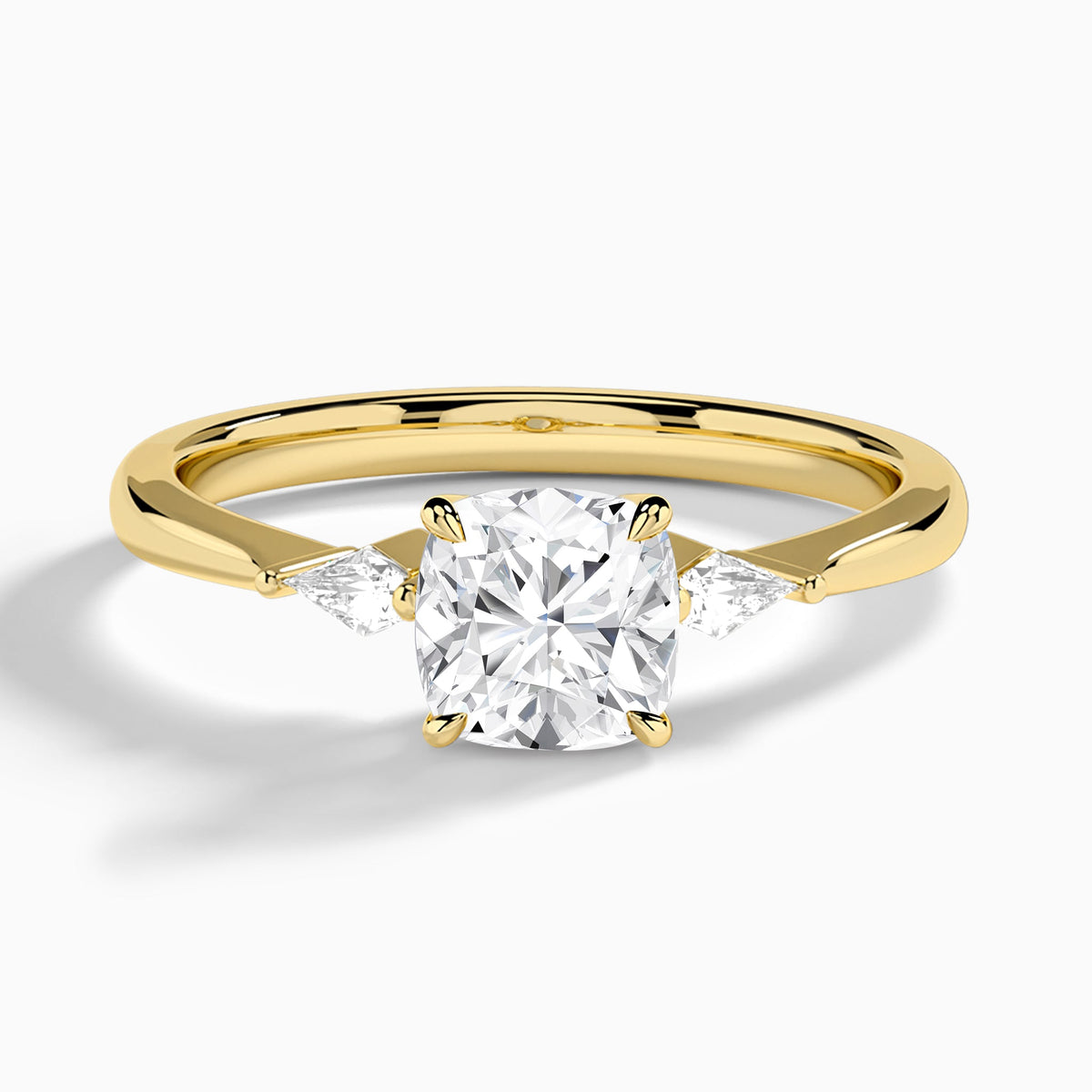 Cushion Three Stone Lab Diamond Engagement Ring In 14K Yellow Gold - Lucenjuri