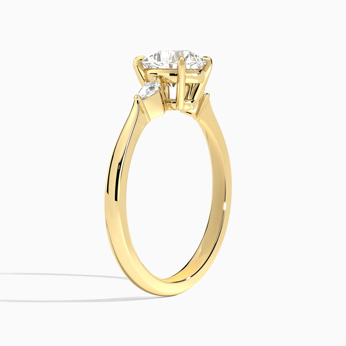Cushion Three Stone Lab Diamond Engagement Ring In 18K Yellow Gold, Angle View