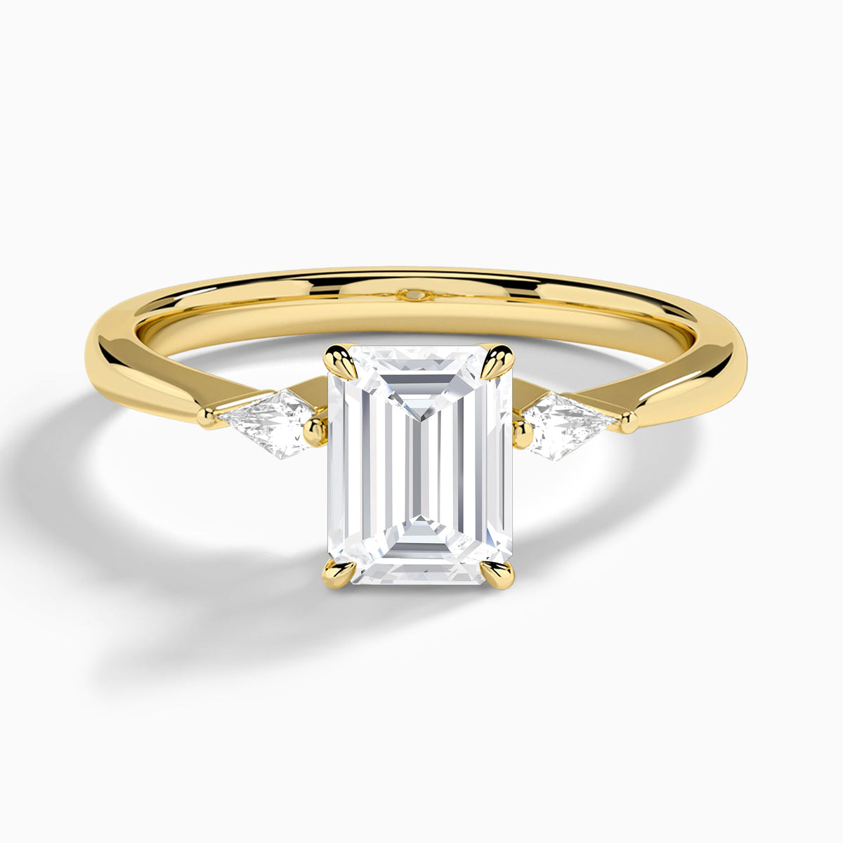 Emerald Three Stone Lab Diamond Engagement Ring In 18K Yellow Gold - Lucenjuri