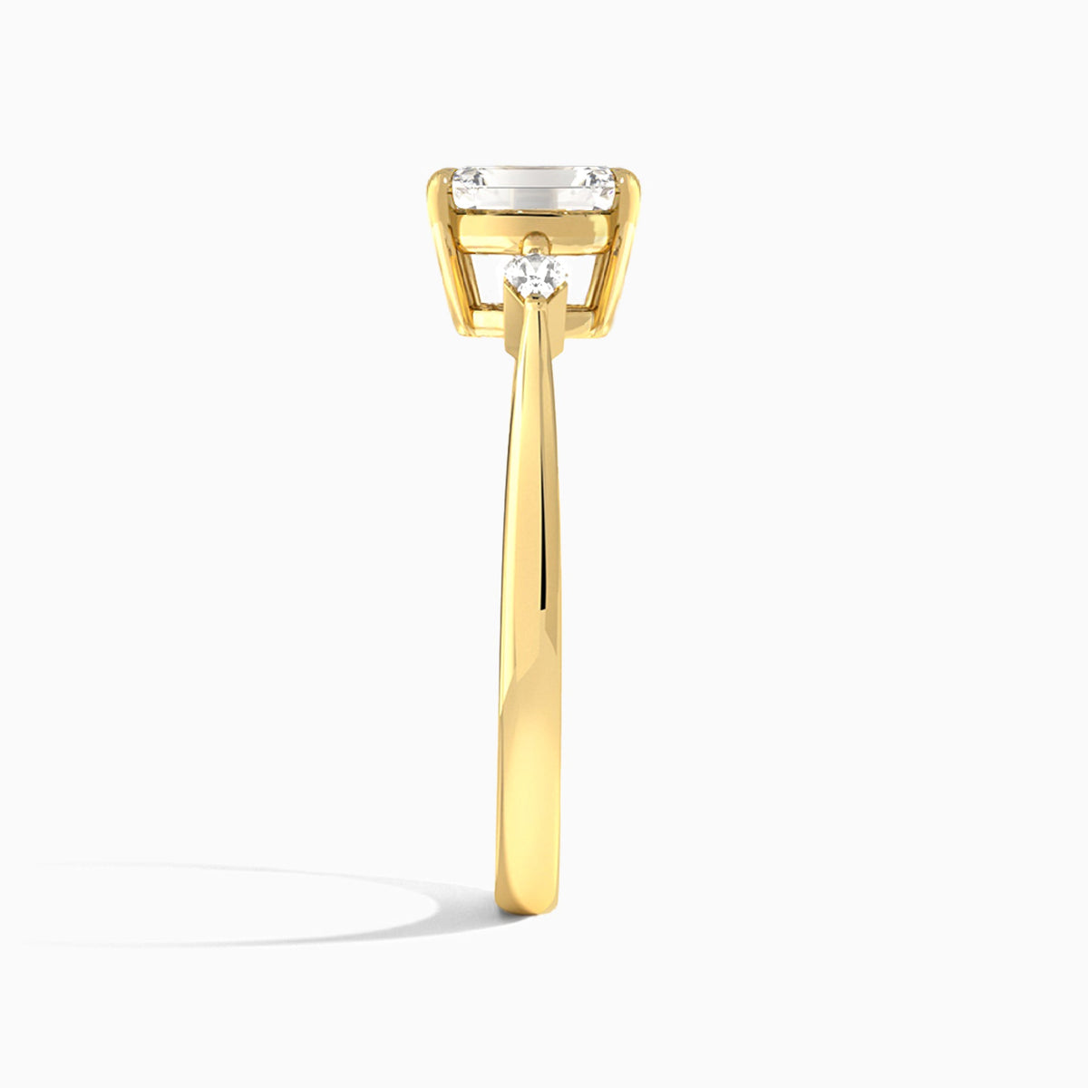 Emerald Three Stone Lab Diamond Engagement Ring In 18K Yellow Gold, Side View