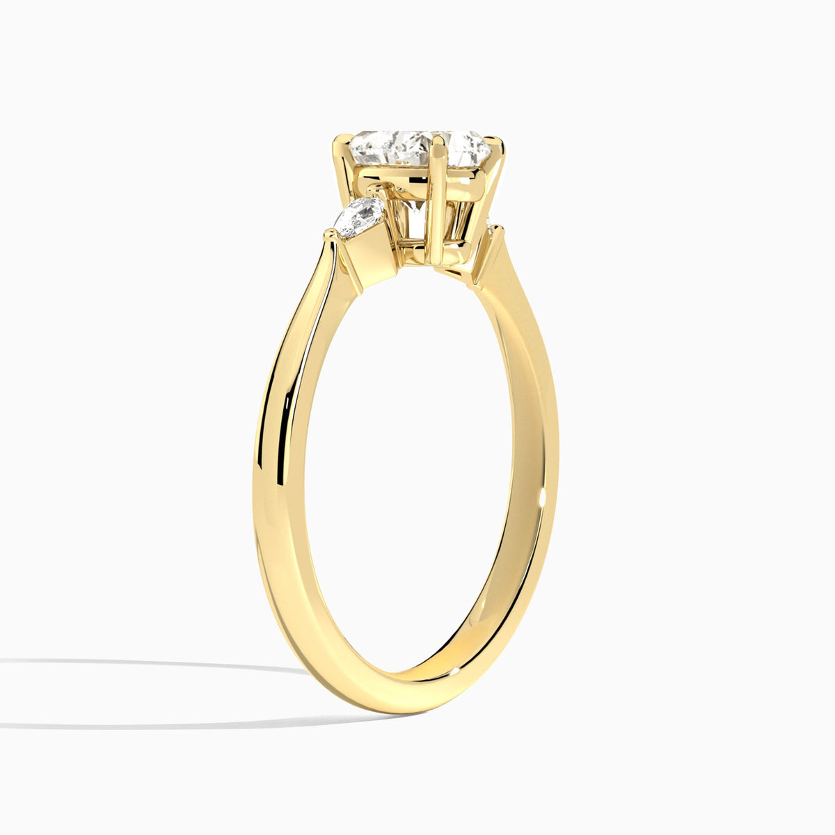 Heart Three Stone Lab Diamond Engagement Ring In 18K Yellow Gold, Angle View