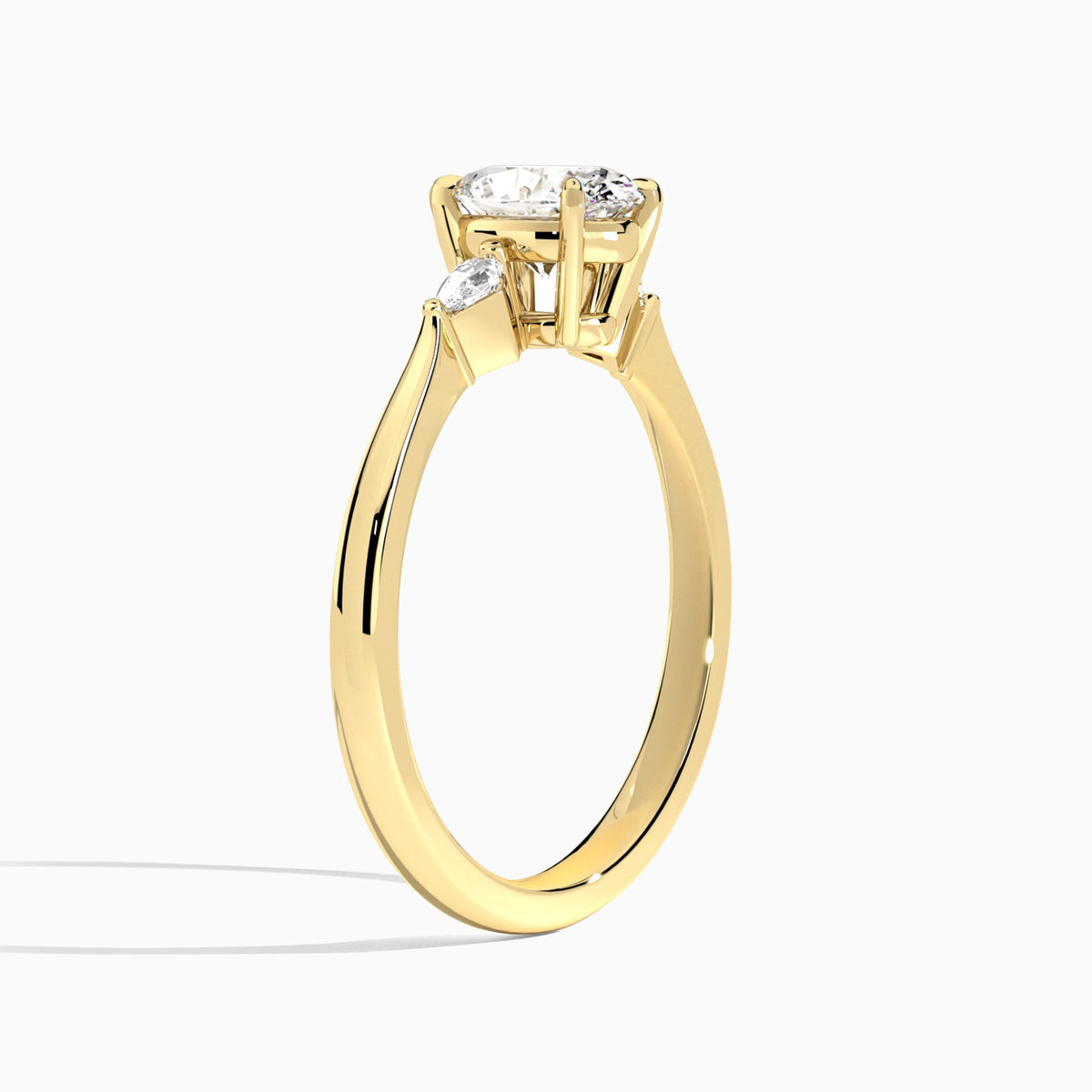 Oval Three Stone Lab Diamond Engagement Ring In 14K Yellow Gold, Angle View