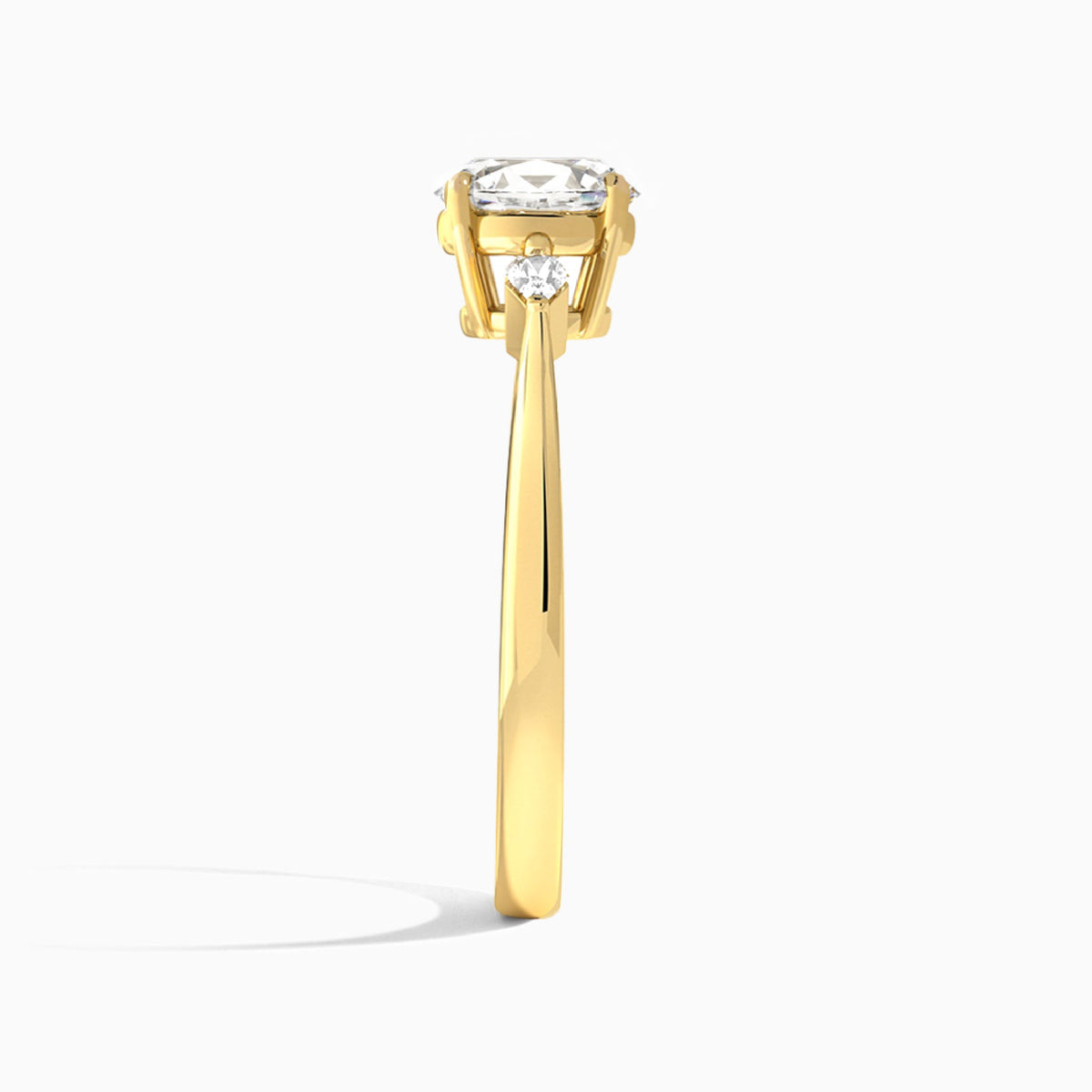 Oval Three Stone Lab Diamond Engagement Ring In 14K Yellow Gold, Side View