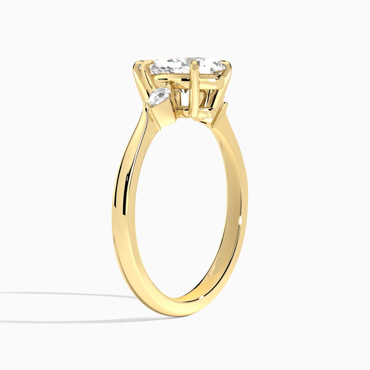 Pear Three Stone Lab Diamond Engagement Ring In 18K Yellow Gold, Angle View