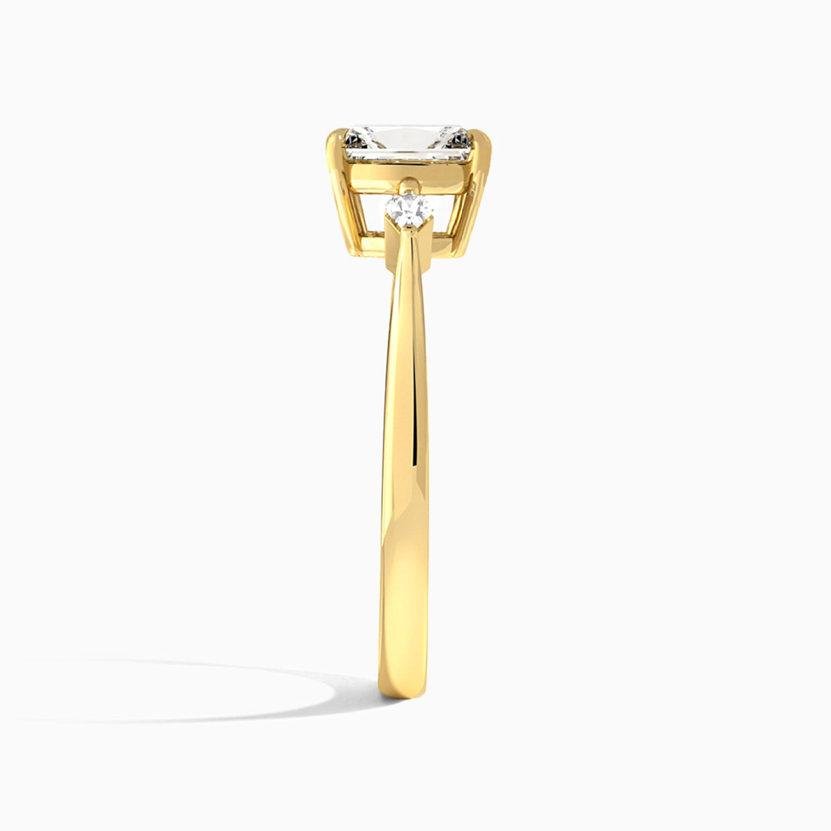Radiant Three Stone Lab Diamond Engagement Ring In 14K Yellow Gold, Side View