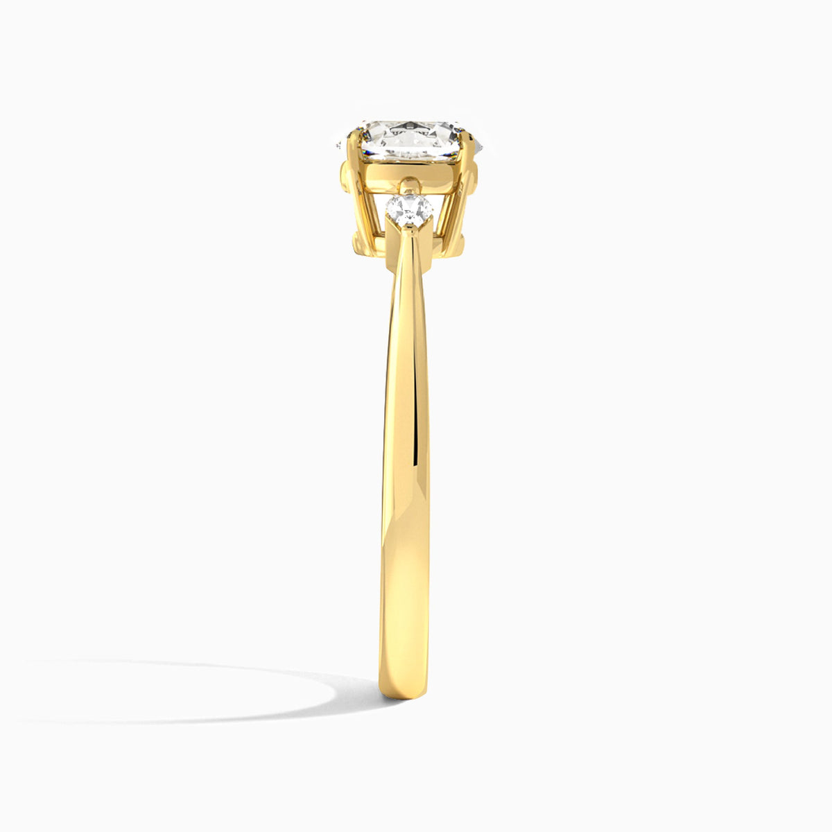 Round Three Stone Lab Diamond Engagement Ring In 18K Yellow Gold, Side View