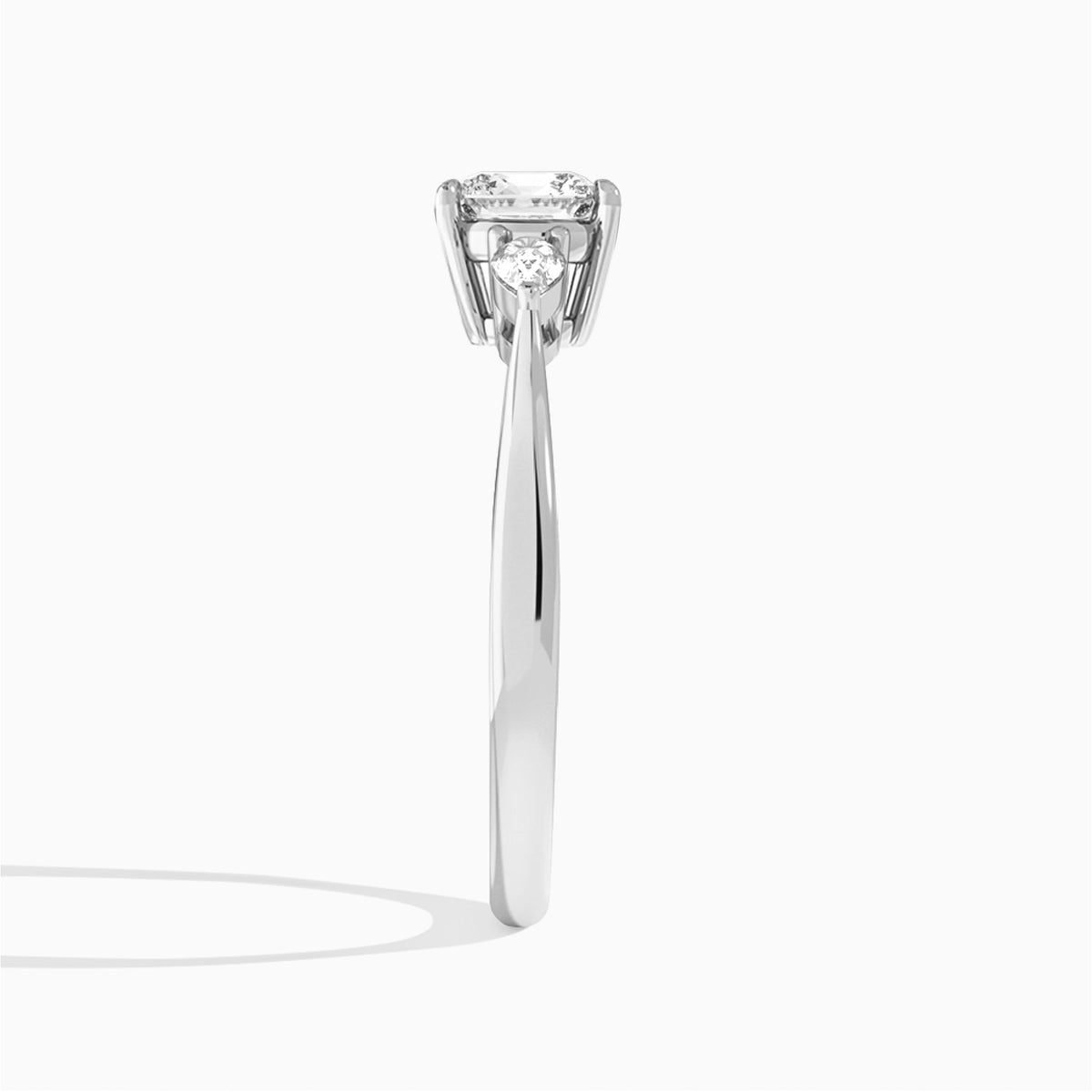 Cushion Couture Three Stone Lab Diamond Engagement Ring In 14K White Gold, Side View