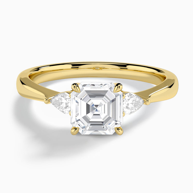 Asscher Couture Three Stone Lab Diamond Engagement Ring In 14K Yellow Gold - Lucenjuri
