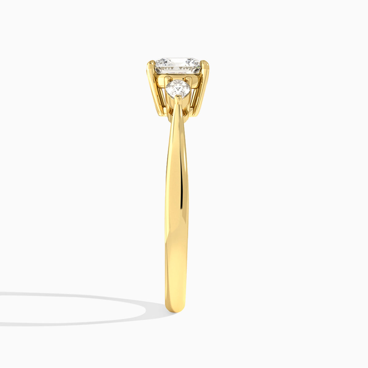 Cushion Couture Three Stone Lab Diamond Engagement Ring In 18K Yellow Gold, Side View