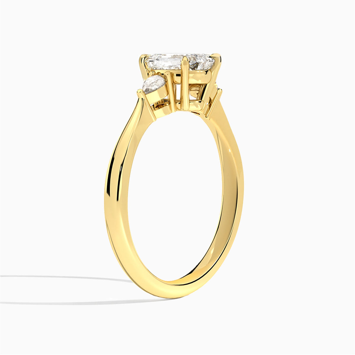 Emerald Couture Three Stone Lab Diamond Engagement Ring In 18K Yellow Gold, Angle View