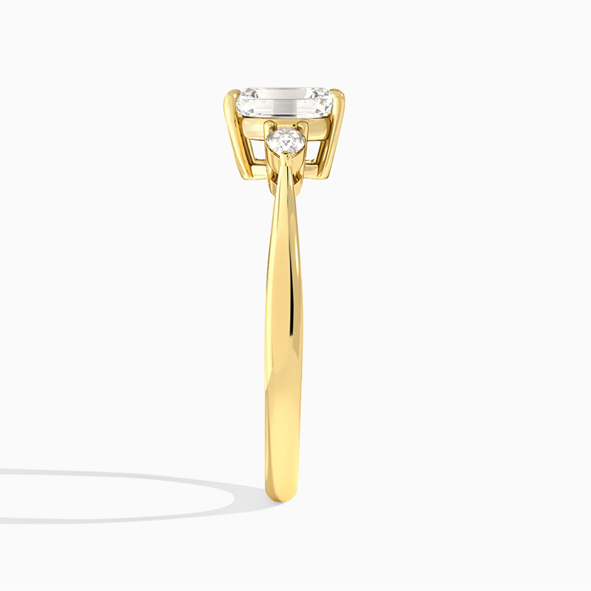 Emerald Couture Three Stone Lab Diamond Engagement Ring In 18K Yellow Gold, Side View