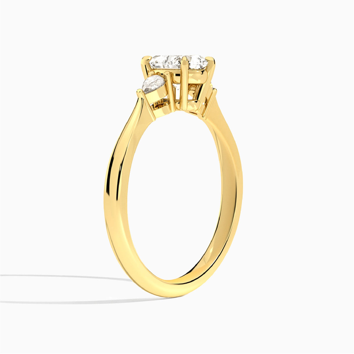Heart Couture Three Stone Lab Diamond Engagement Ring In 14K Yellow Gold, Angle View