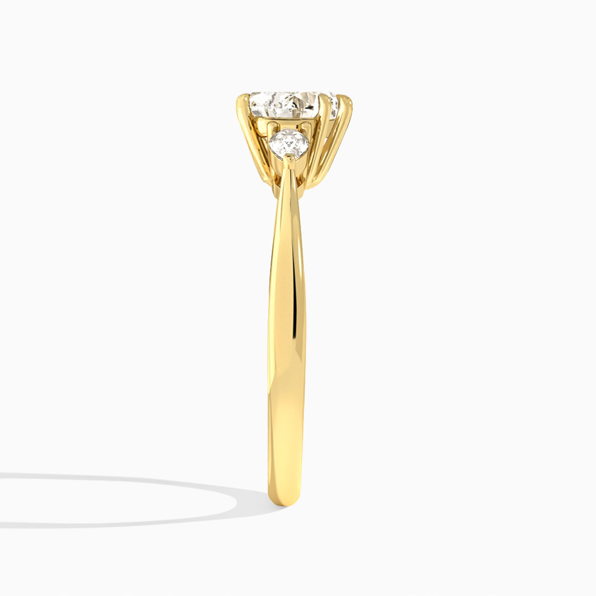 Heart Couture Three Stone Lab Diamond Engagement Ring In 18K Yellow Gold, Side View