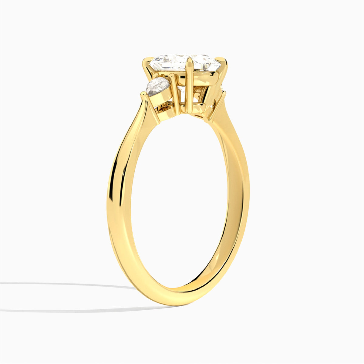 Princess Couture Three Stone Lab Diamond Engagement Ring In 18K Yellow Gold, Angle View
