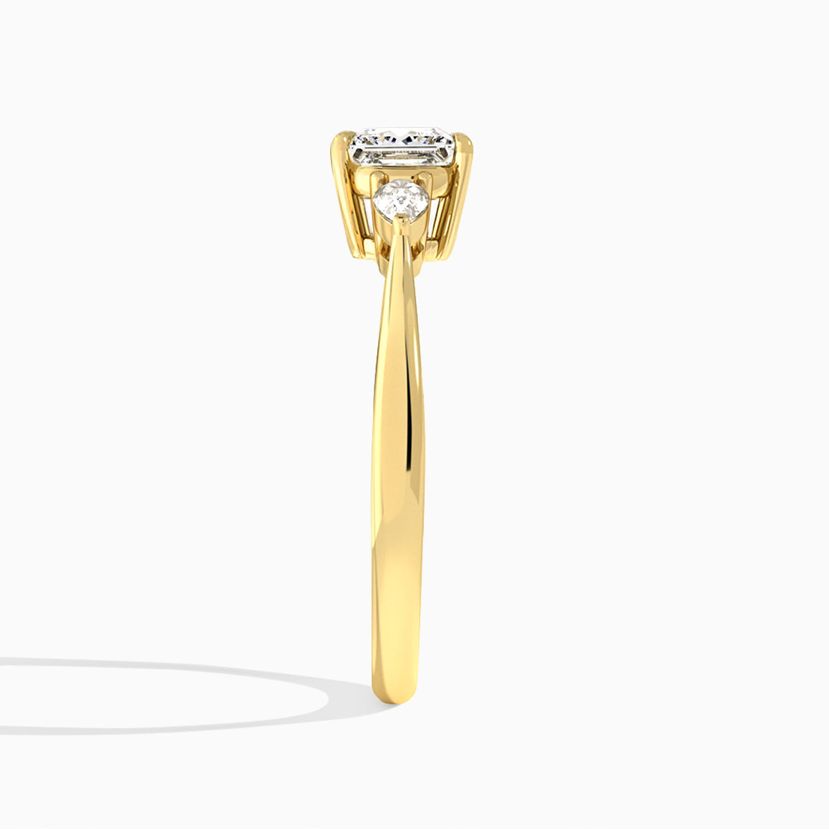 Princess Couture Three Stone Lab Diamond Engagement Ring In 18K Yellow Gold, Side View