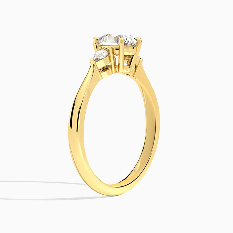 Round Couture Three Stone Lab Diamond Engagement Ring In 14K Yellow Gold, Angle View