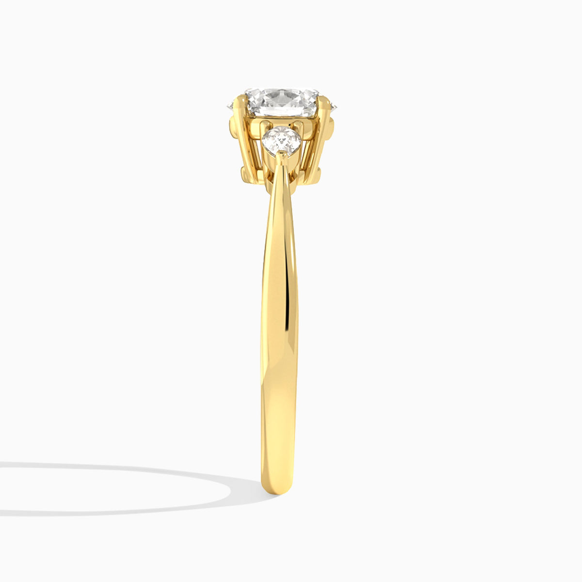 Round Couture Three Stone Lab Diamond Engagement Ring In 18K Yellow Gold, Side View